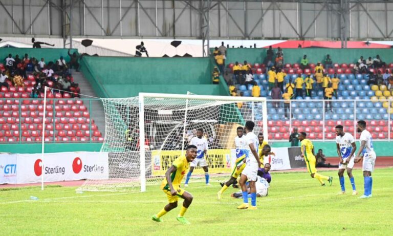 Edo State Governor, Mr. Godwin Obaseki (left), with his Deputy, Rt. Hon. Comrade Philip Shaibu, during the Bendel Insurance Football Club Match Day 13 against visiting Kwara United, at the Samuel Ogbemudia Stadium in Benin City, on Saturday, April 8, 2023.