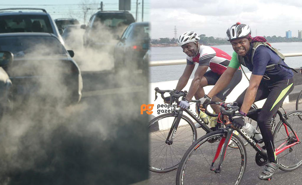 Smoky vehicles and Nigerians riding bicycle