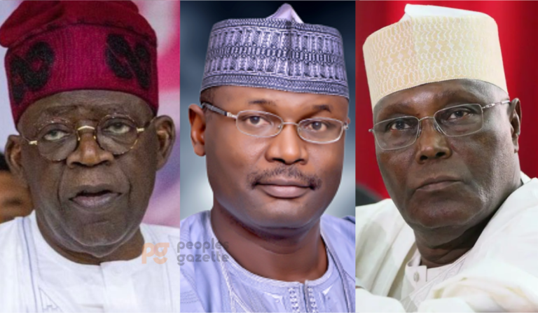 Bola Tinubu, INEC chairman Mahmood Yakubu and Atiku Abubakar