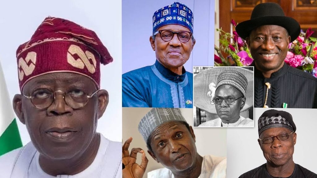 President Bola Tinubu and former presidents, Muhammadu Buhari, Goodluck Jonathan, Umaru Musa Yar’Adua, Olusegun Obasanjo and Shehu Shagari