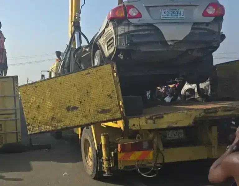 Driver Escapes Death As Container Crushes Car In Mile 2, Lagos